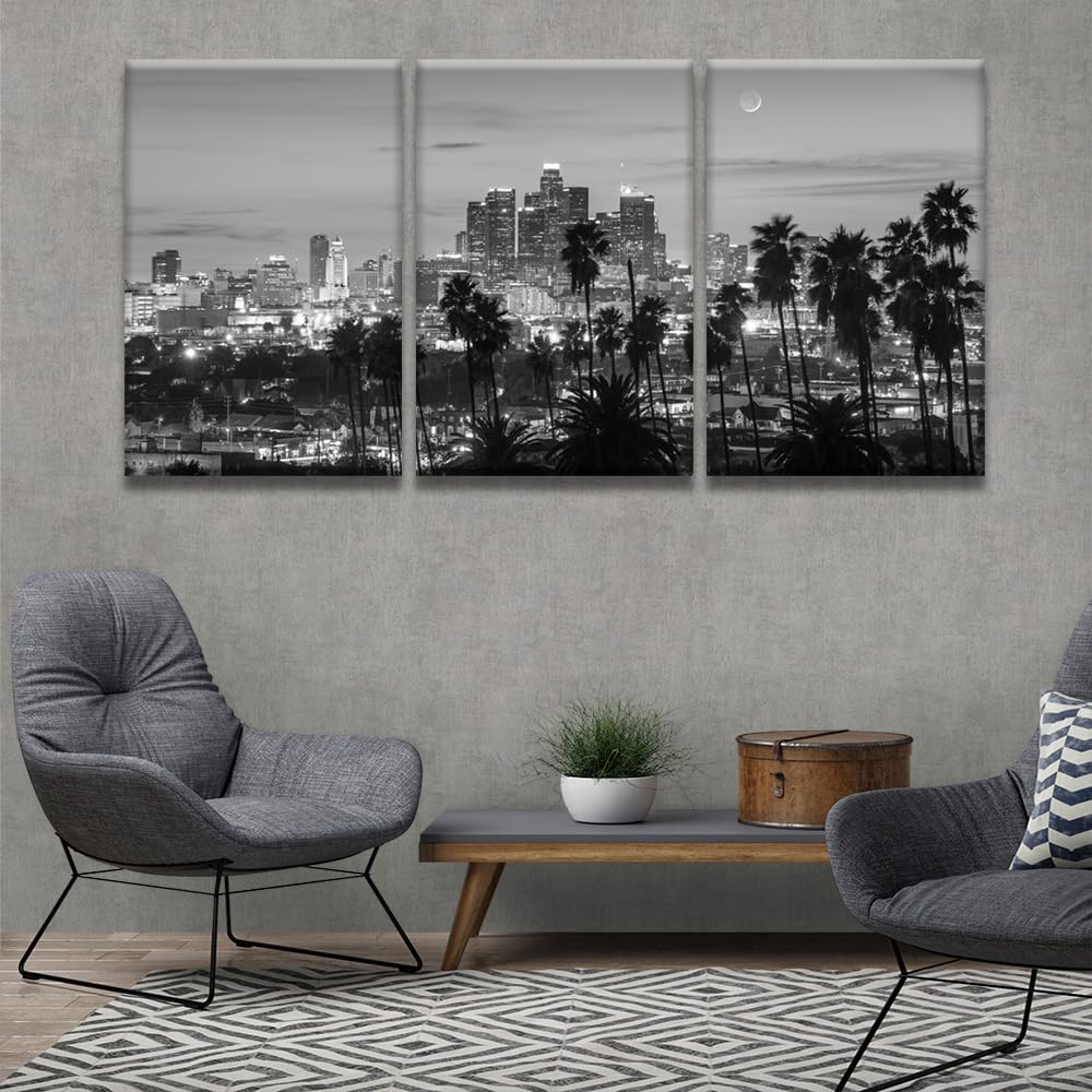 3 Piece California Skyline Black and White Wall, Los Angeles City Skyline Panorama at Dusk with Urban Skyscrapers