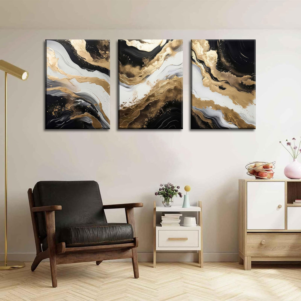 Black and Gold Abstract Canvas Wall Art Set of 3 Abstract Black Gold Marble Wall Decor Pictures Neutral Modern