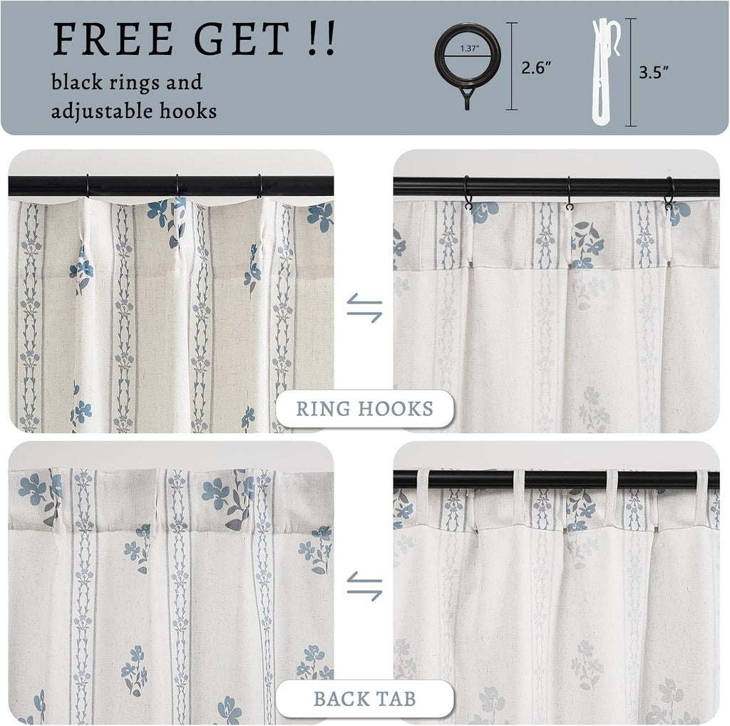 Blue Grey Pinch Pleated Floral Curtains 84 Inches Long for Living Dining Room Pinch Pleat Light Filtering Linen Semi