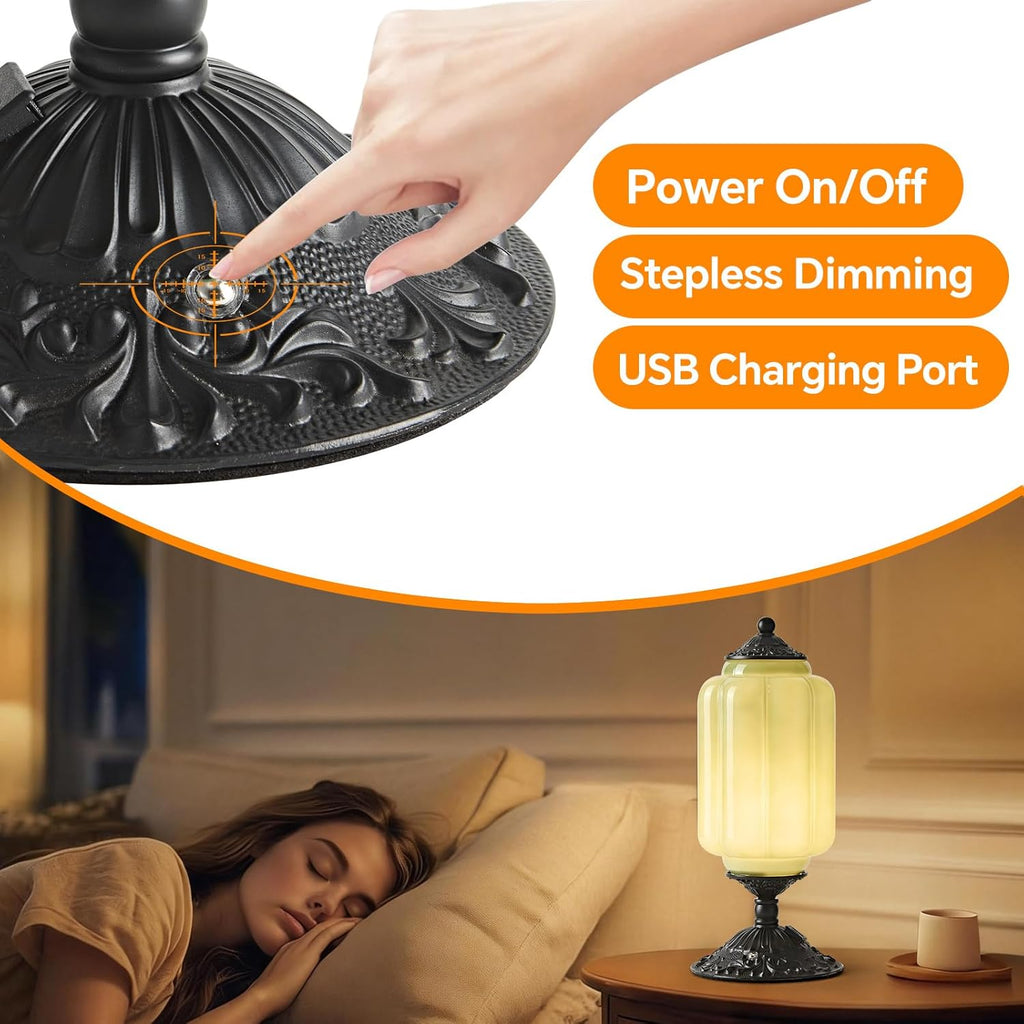 Milk Glass Table Lamp, Touch Control with USB Charging Port Vintage Bedside Desk Lamp Stepless Dimming Living Room