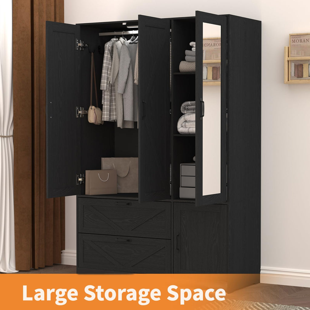 72" Armoire Wardrobe Closet with Mirror Door and LED Lights, 3 Doors Farmhouse Bedroom Armoire with Drawers and