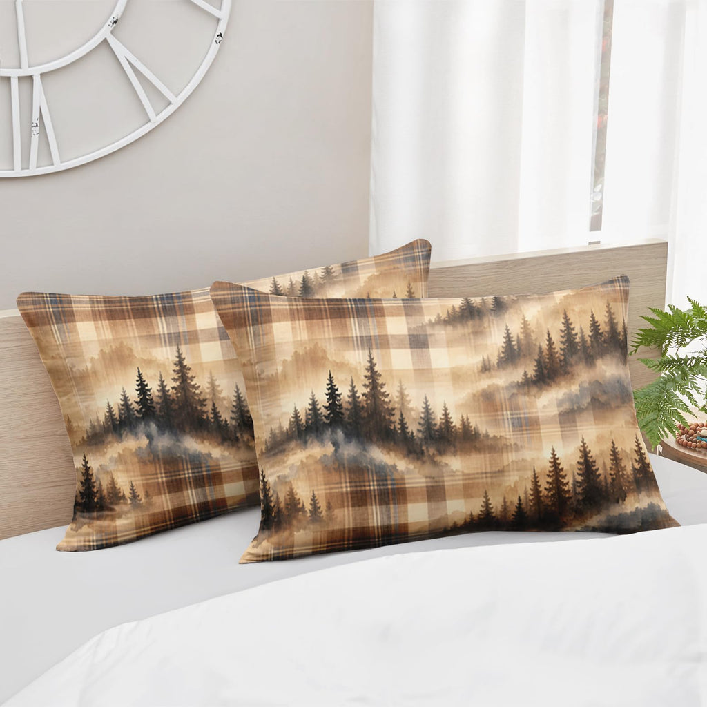 Misty Woodland Brown Comforter Set, Beige Tartan Pine 3-Piece Soft Microfiber Bedding with 2 Pillowcases for
