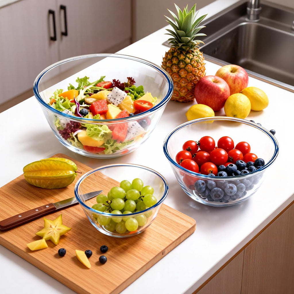 Glass Mixing Bowls Glass Bowls with Lids Set(4.5QT,2.7QT, 1.1QT),Large Salad Bowls,glass mixing bowl Space-Saving