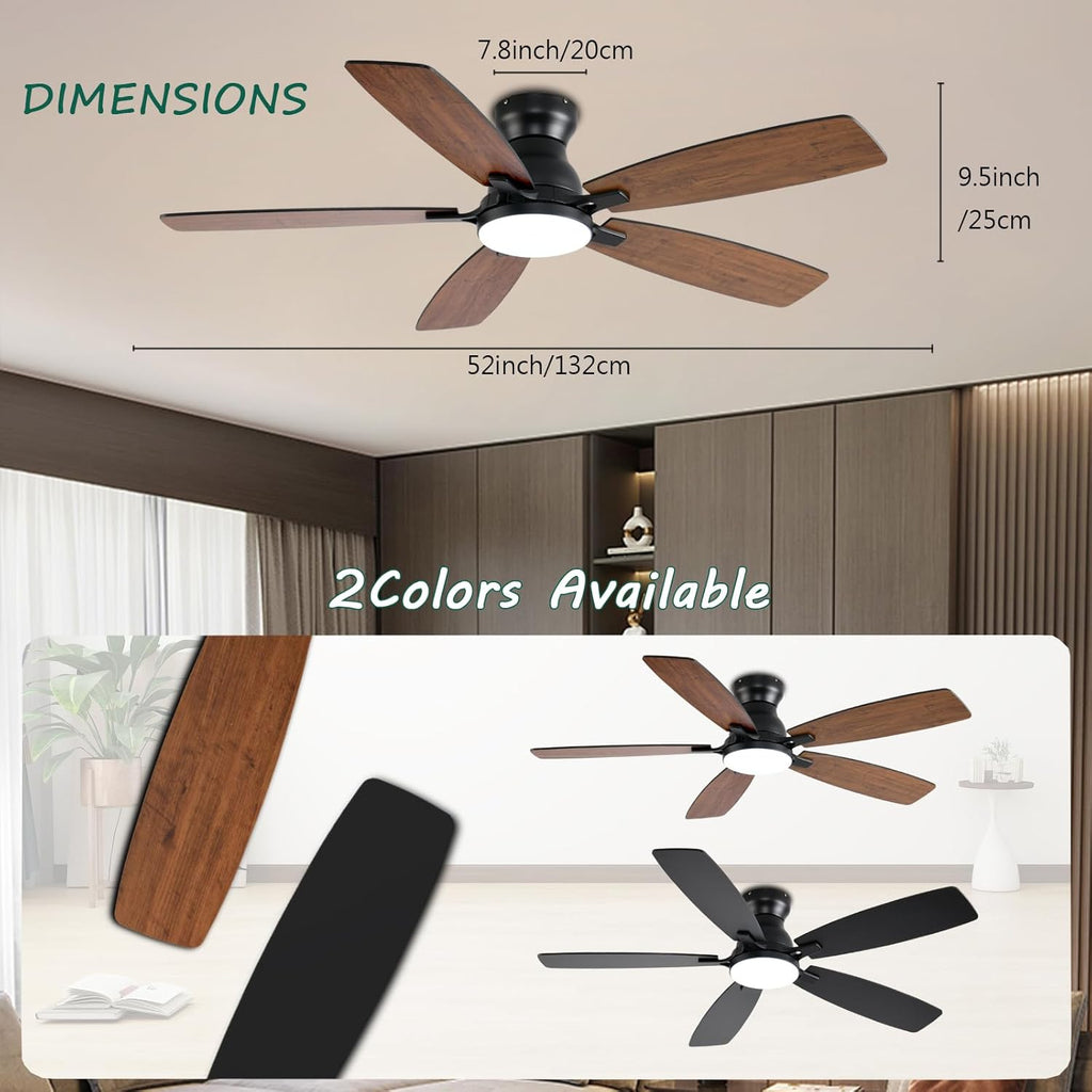 Ceiling Fans with Lights, Low Profile Ceiling Fan with Light and Remote/APP Control, DC Motor, Noiseless, Flush Mount