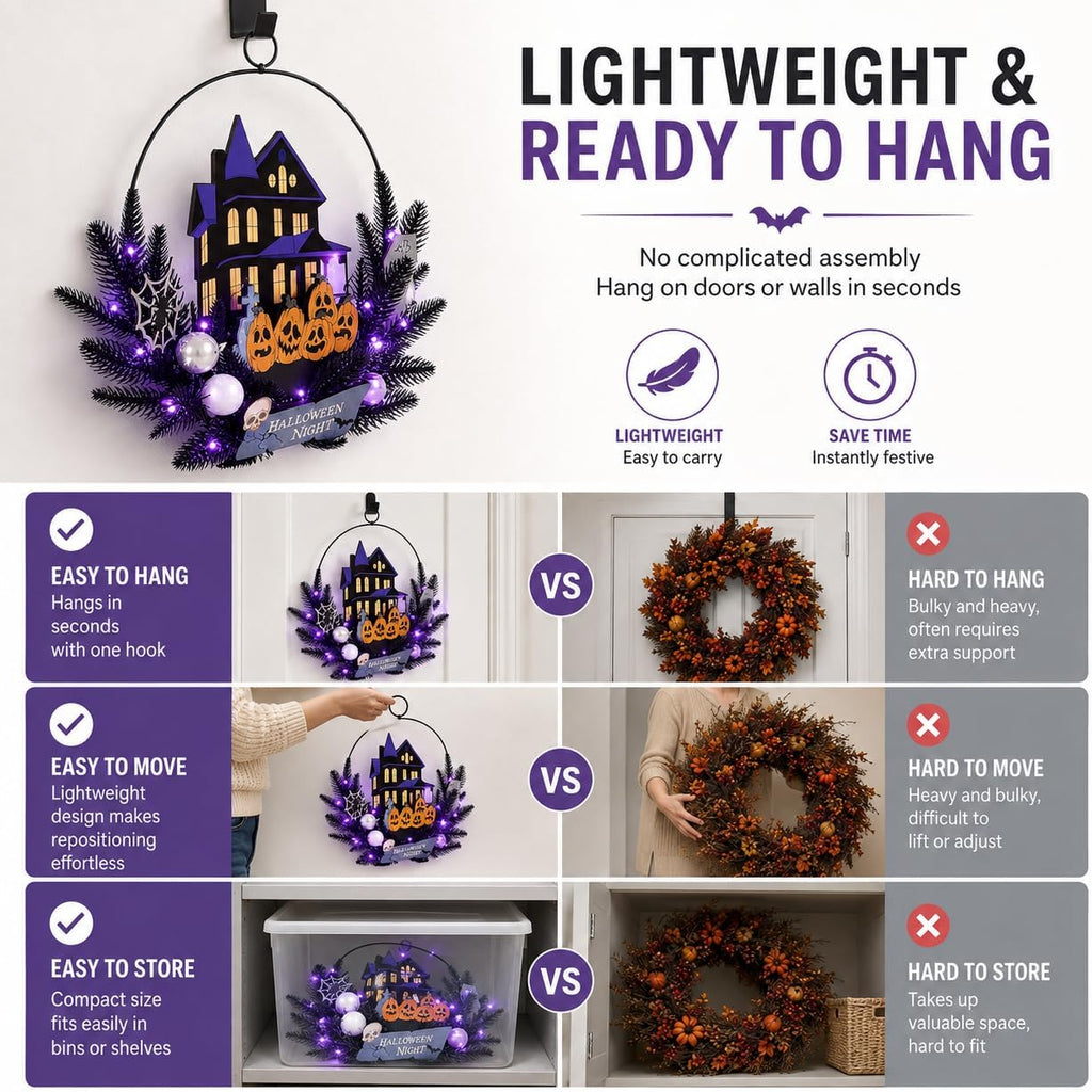 Halloween Wreath with Lights, 15.7 Inch, 6H On/18H Off Timer