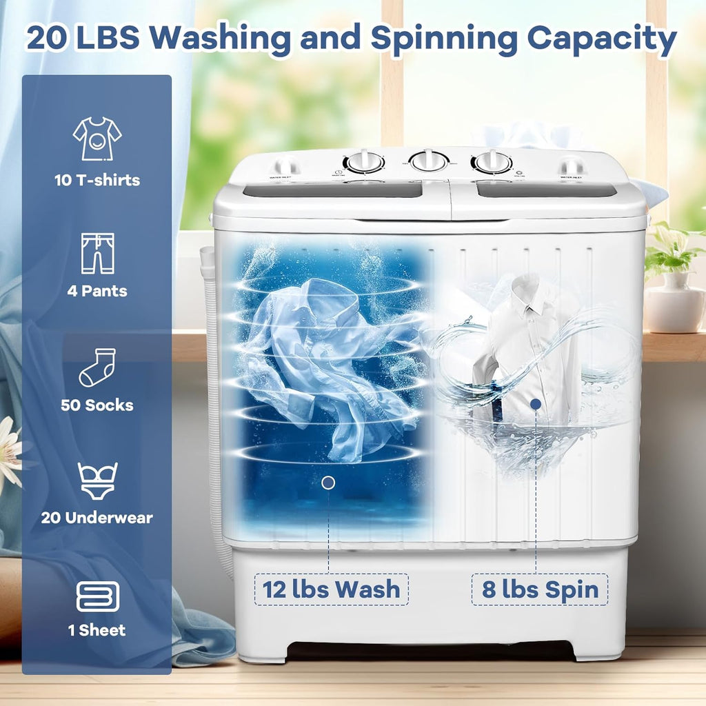 Portable Washing Machine, 20lbs Washer and Spinner Combo, Twin Tub 12lbs Wash & 8lbs Spin, Mini Compact Laundry