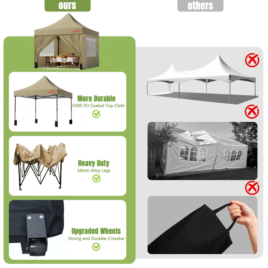 10x10 Heavy Duty Commercial Pop Up Canopy with Sidewalls, Khaki