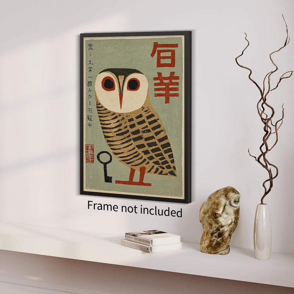 Japanese Animal Poster Prints Vintage Owl Canvas Wall Art Minimalist Bird Painting Nature Rustic Artwork 24x36in