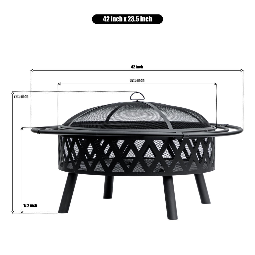 42 Inch Wood Burning Fire Pit with Spark Screen & Fire Poker