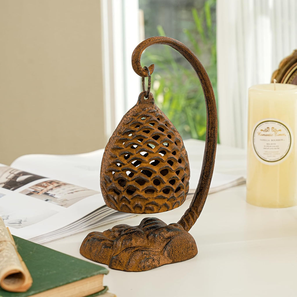 Cast Iron Lantern, Full Rust - Pinecone Hanging Candle Holder