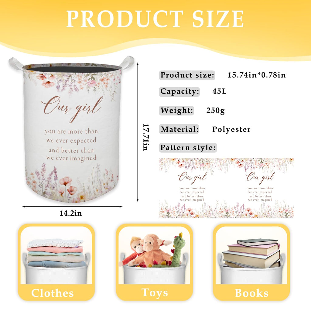 Baby Girl Laundry Basket, Boho Floral Wildflower Waterproof Collapsible Laundry Hamper Dirty Clothes Storage Toy Bin
