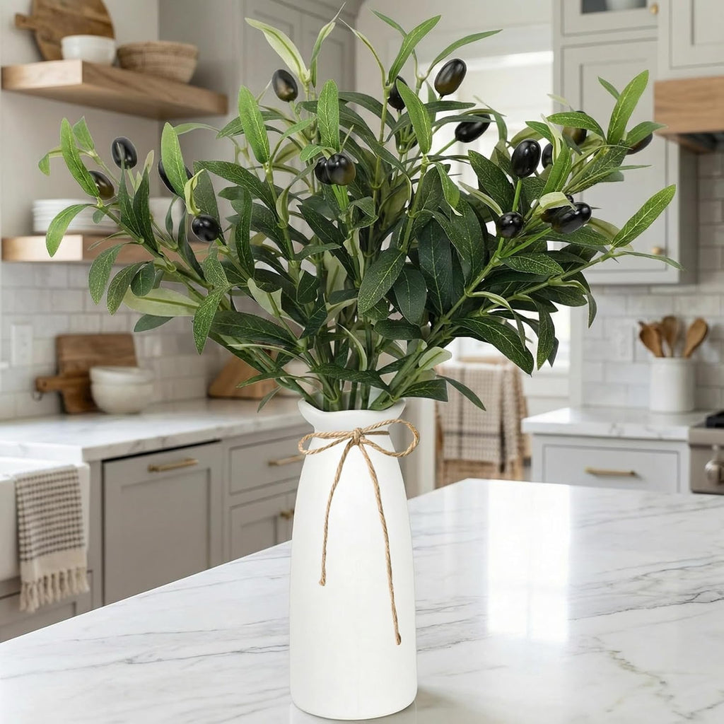 Artificial Plant Olive Branch in Vase, Faux Greenery Stems with Ceramic Vase, 16.9" Tall Olive Branches Fake - Set of 5