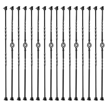 16-Pack Iron Balusters for Stairs, 1/2"x44" Hollow Double Twist and Single Basket Metal Stair Spindles, Satin Black