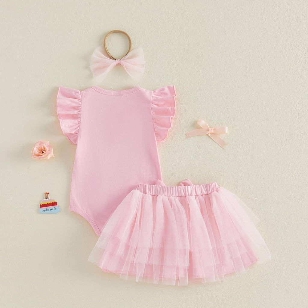 Infant Baby Girl First Birthday Outfit 1 Cake Short Sleeve Romper Bodysuit Mesh Tutu Skirt Headband Set