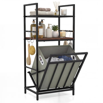 Tilt out Laundry Hamper, Space Saving Bathroom Storage Cabinet with Removable Basket, 2 Open Shelves & 4 Side Hooks
