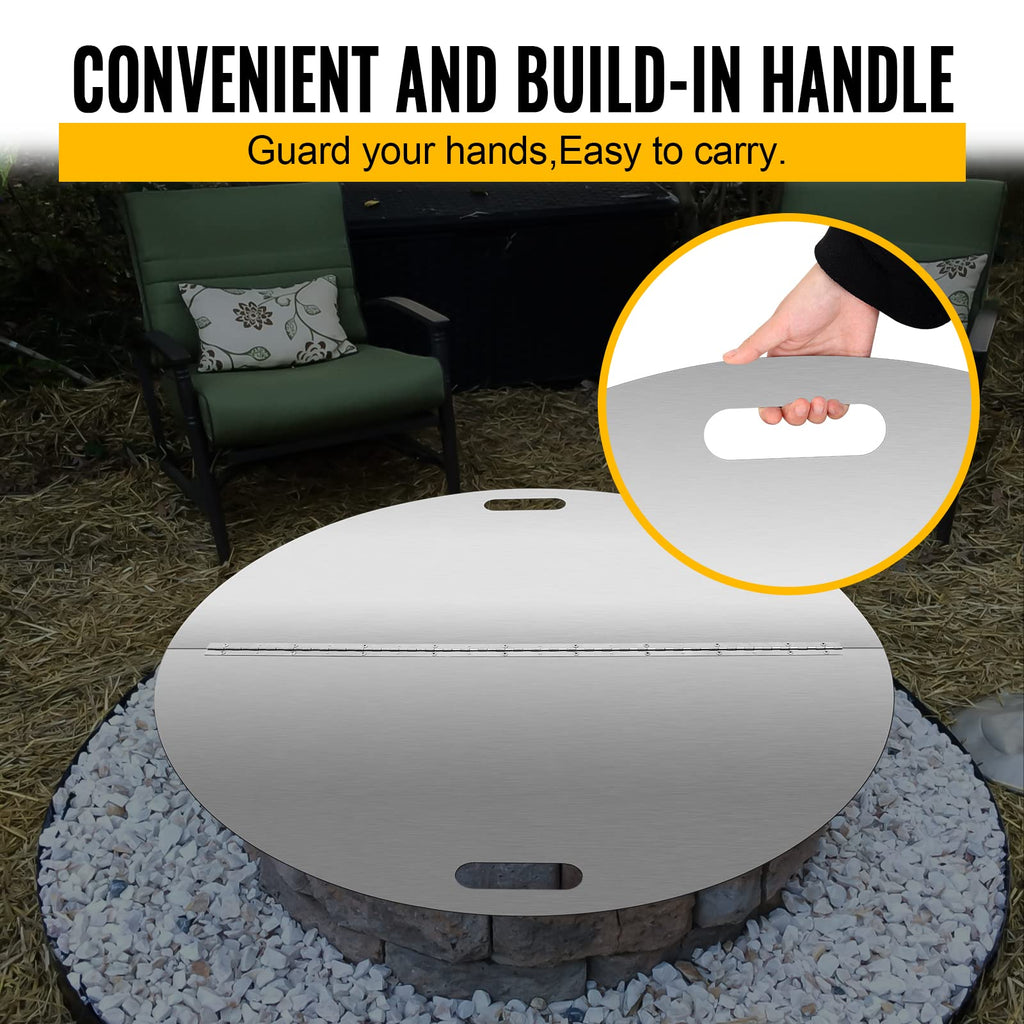 40 Inch Round Fire Pit Lid, 304 Stainless Steel Foldable Fire Ring Cover, Built-in Handle Design, 3mm Thickness