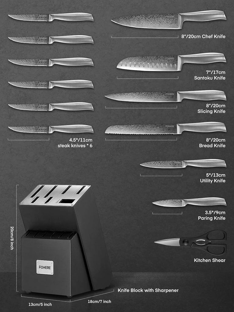 Knife Set, 14 Pieces Kitchen Knife Set with Built-in 5 x Sharpeners, Waved Texture Knife Set with Block, Stainless