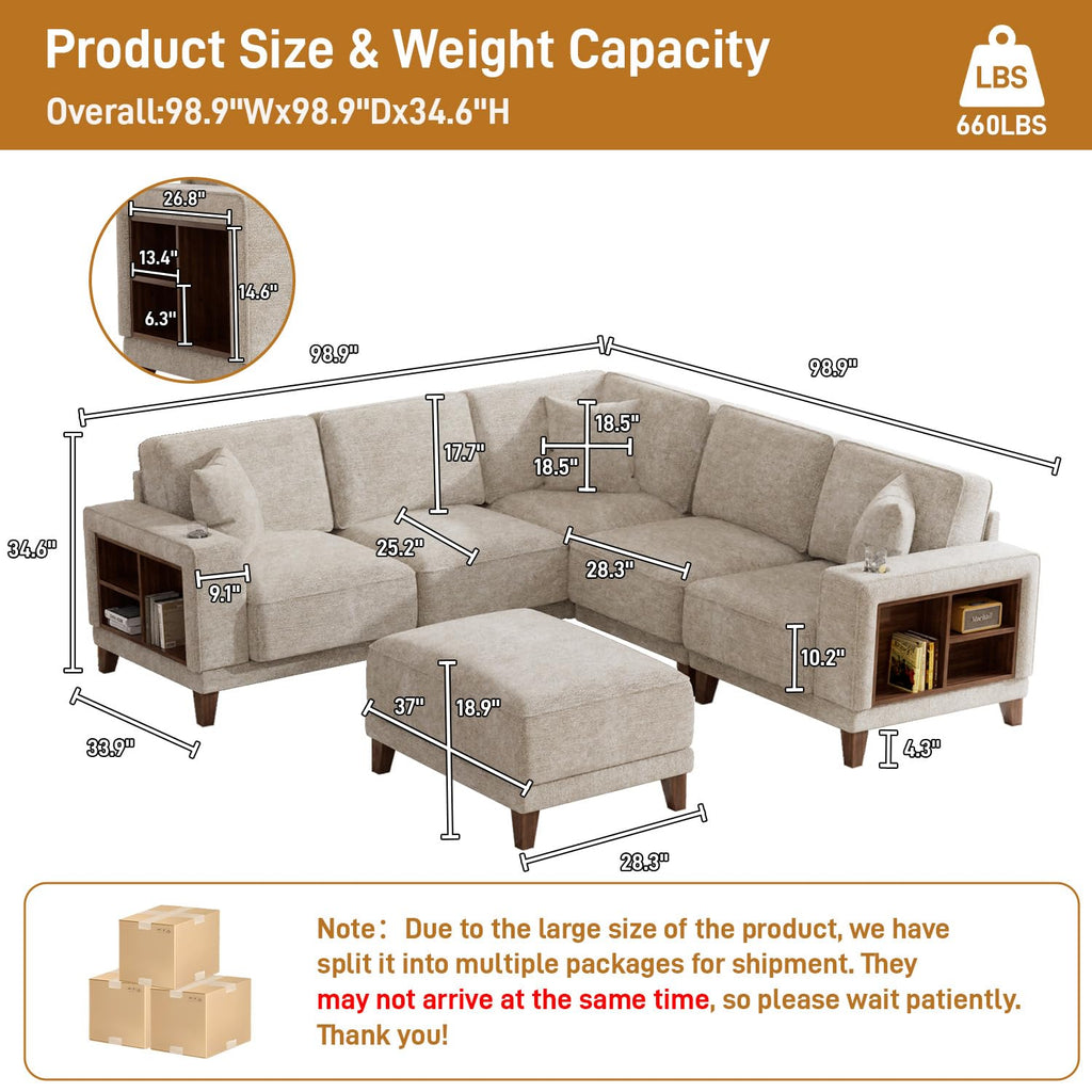 Oversized Modular Sectional Sofa, 6-Seat Deep Seat Sofa with Ottoman, USB Ports, Hidden Cup Holders, Side Storage