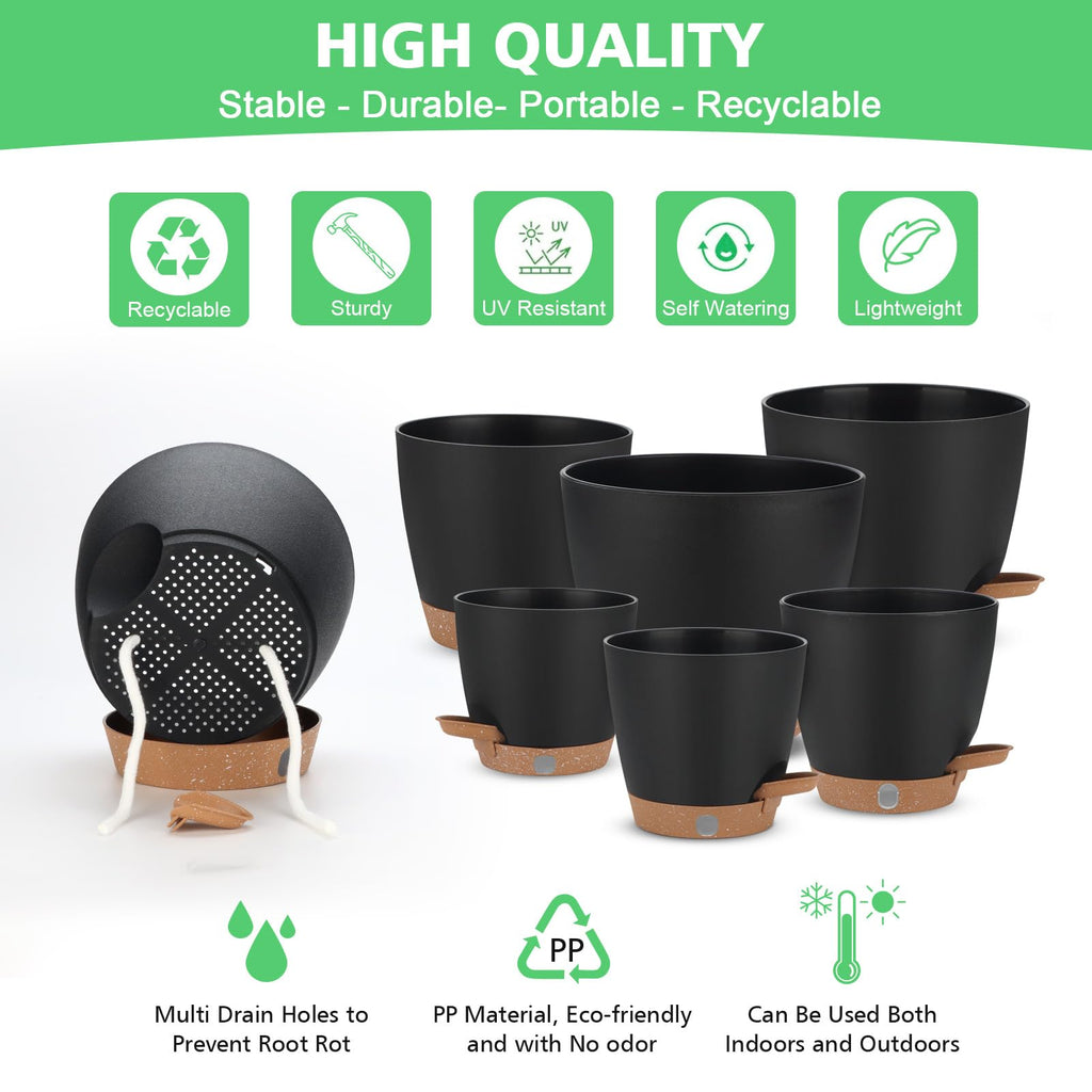 Self Watering Planter Set with Visual Water Level, 6Pack Small Plastic Pot with Drainage Holes and Reservoir Saucers