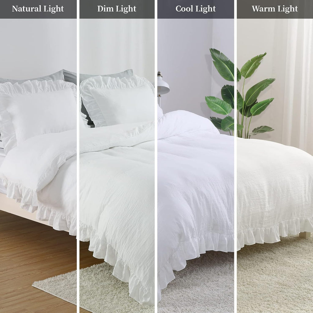 White Ruffle Duvet Cover Queen, 3PCS Soft Washed Microfiber Vintage French Country Duvet Cover Set for Queen Bed