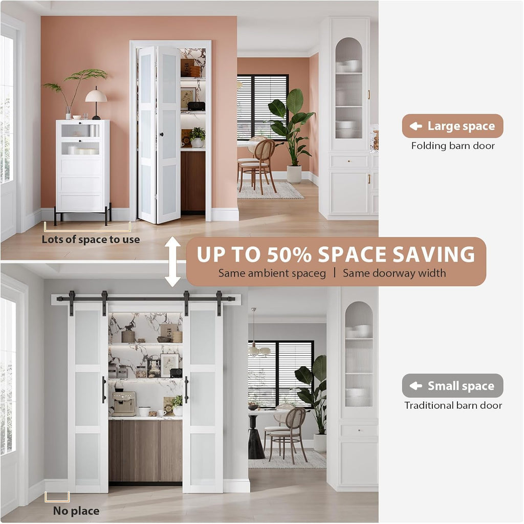 Preassembled Bi-Fold Doors, for 32"x 80" Opening,Tempered Frosted Glass Closet Folding Barn Door wit