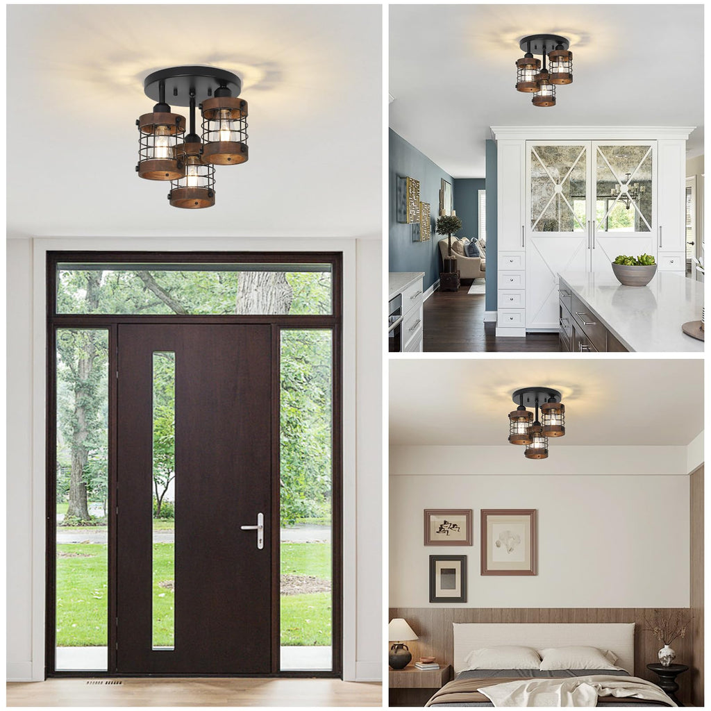 Semi Flush Mount Ceiling Light, 3-Light Farmhouse Chandelier Light Fixtures Ceiling Mount, Black Hallway Light