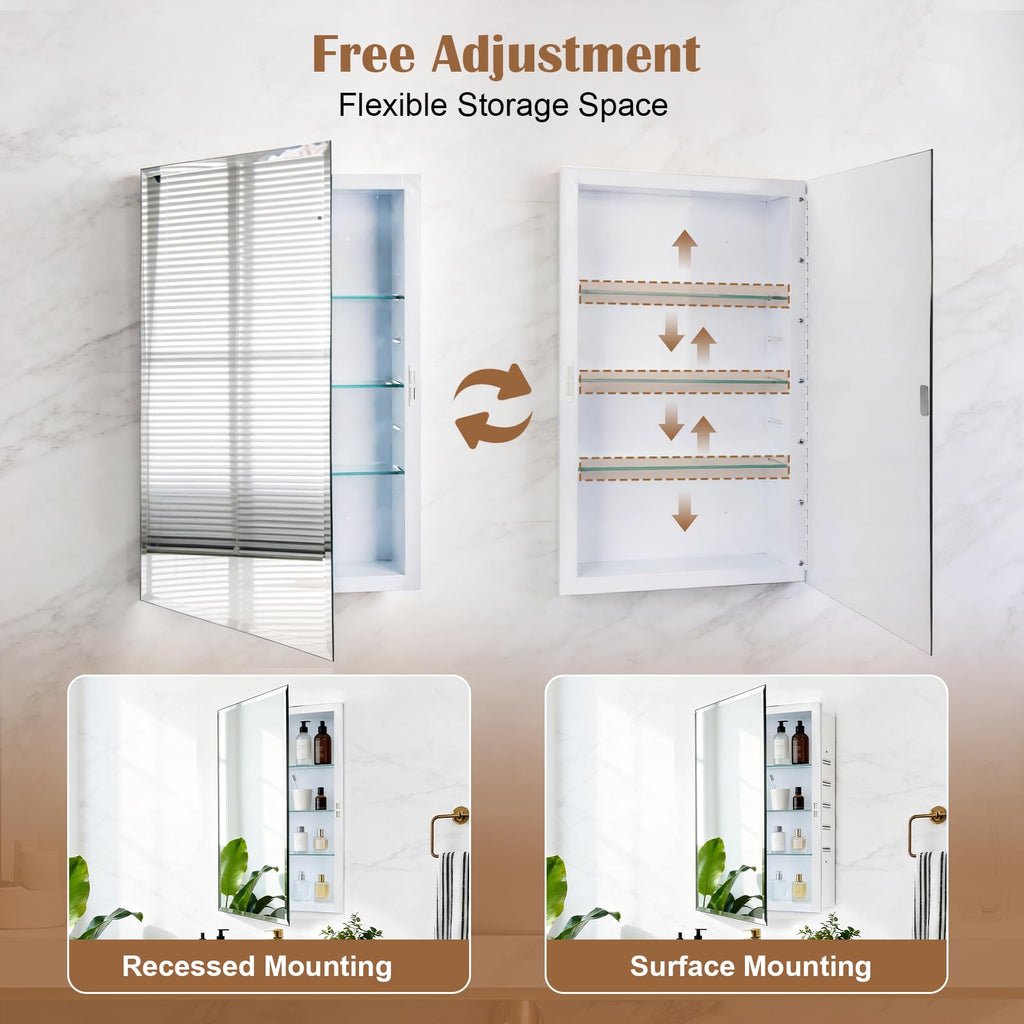 16x26'' Bathroom Medicine Cabinet Mirror with Storage, Surface Mount or Recessed Medicine Cabinet with 4-Tiered