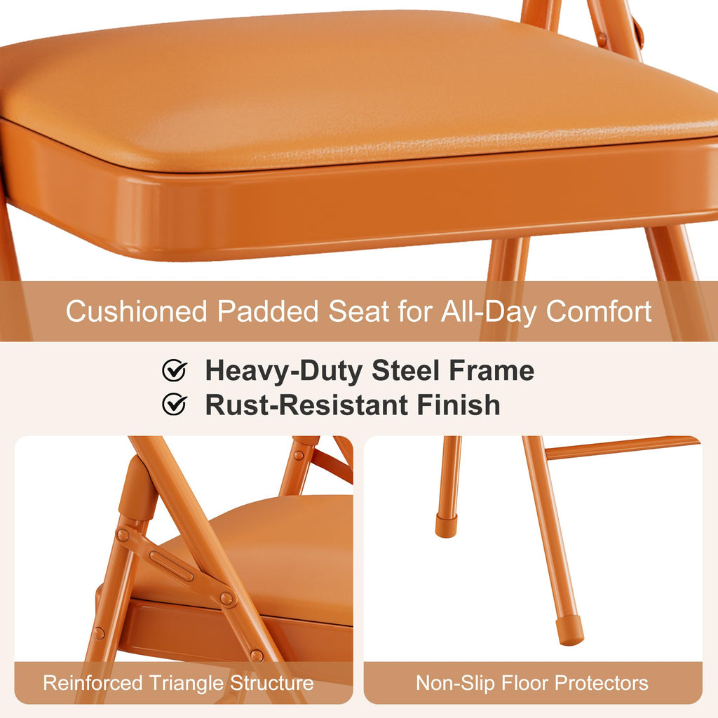 Folding Chairs Set of 2, Faux Leather Padded, Orange