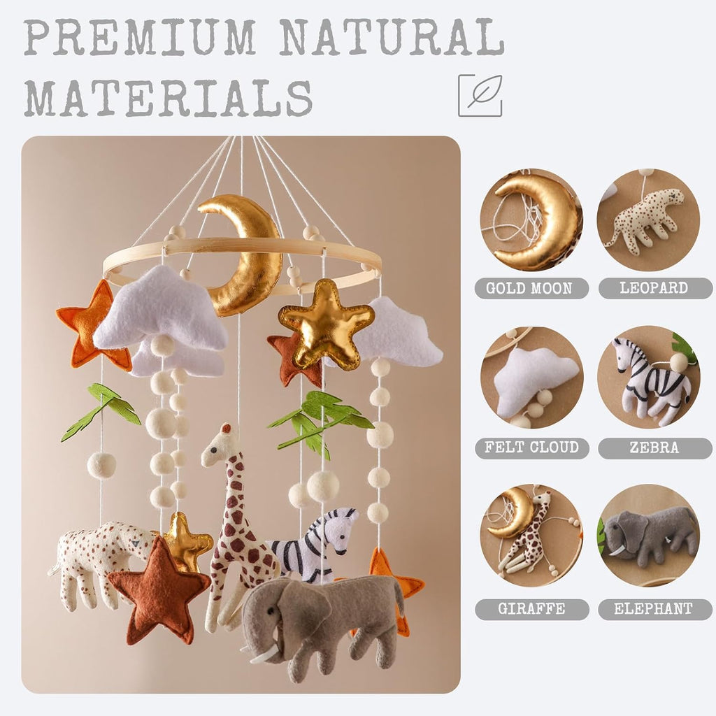Baby Crib Mobile - Felt Safari Animals Hanging Mobile - Giraffe Elephant Zebra Ceiling Decor for Boys Girls - Gold
