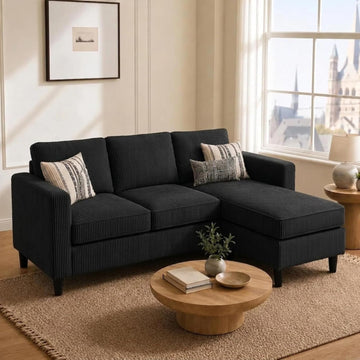 73.6" L-Shaped Small Sectional Couch with Ottoman, Black