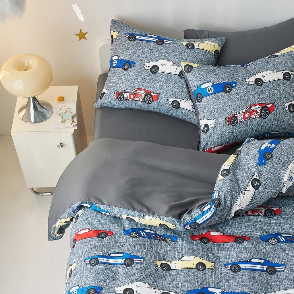 Race Car Bedding Set for Boys, Cute Colorful Sports Car Supercar Wheels Comforter Set with Sheets, 5 Pieces Kids Bed