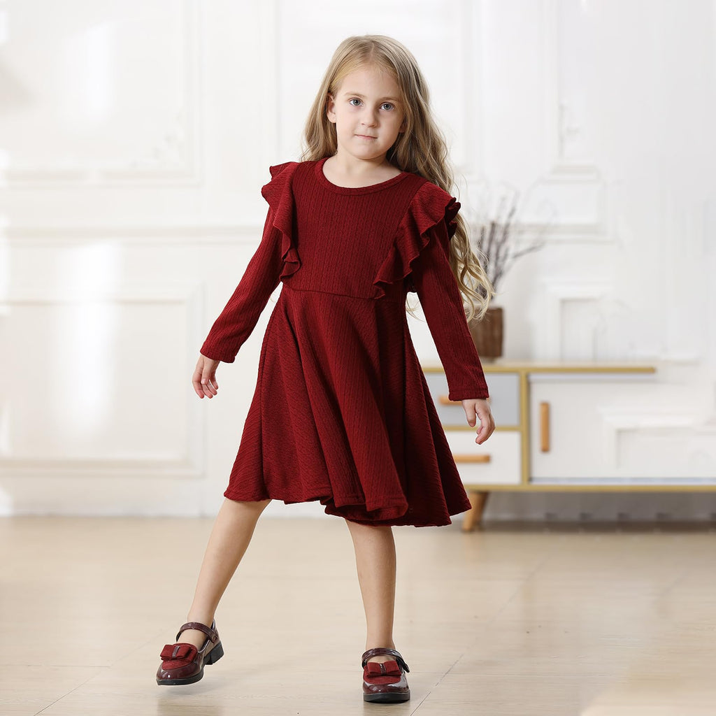 Toddler Girl Christmas Dress Baby Sweater Dresses Ruffle Ribbed Knit Long Sleeve A-Line Swing Fall Winter Red 4 5