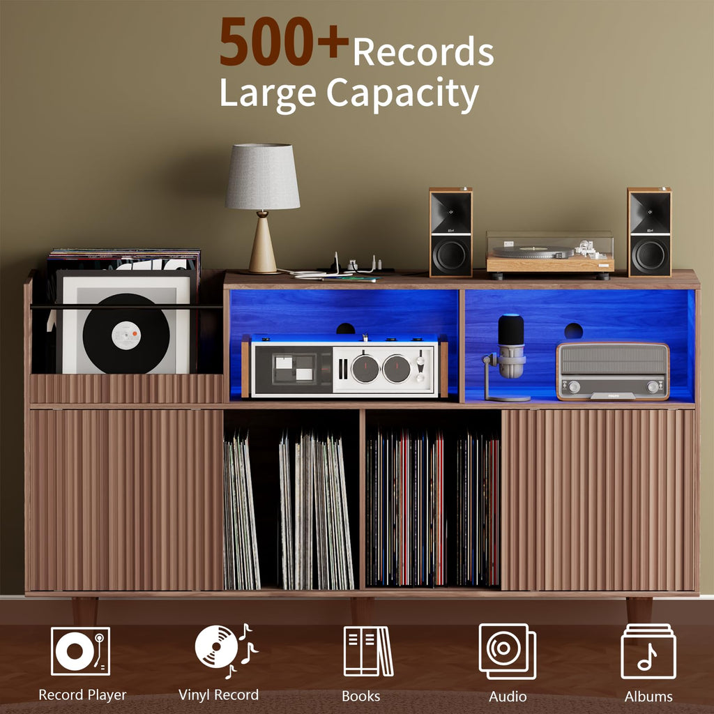 55" Large Record Player Stand with Power Outlets & LED Lights
