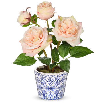 Light Pink Real Touch Roses Artificial in Vase Blue and White Porcelain Ceramic Pot 13.4" Fake Roses Flower