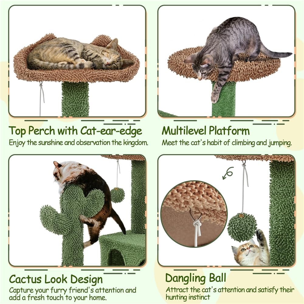 Cactus Cat Tree for Indoor Cats, Green Multi-Level Tower