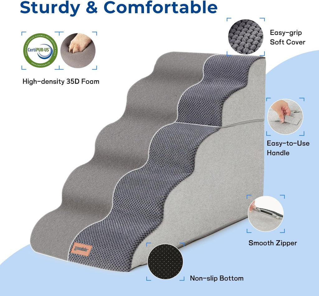Dog Stairs Ramp for High Beds Up to 25", 5 Step Pet Stairs Grey
