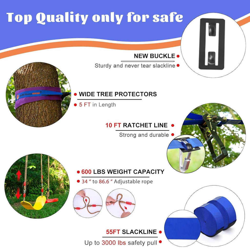 Warrior Obstacle Course for Kids Backyard-65ft Slackline Kit with 13 Obstacles, Upgraded Quick-Install Buckles No