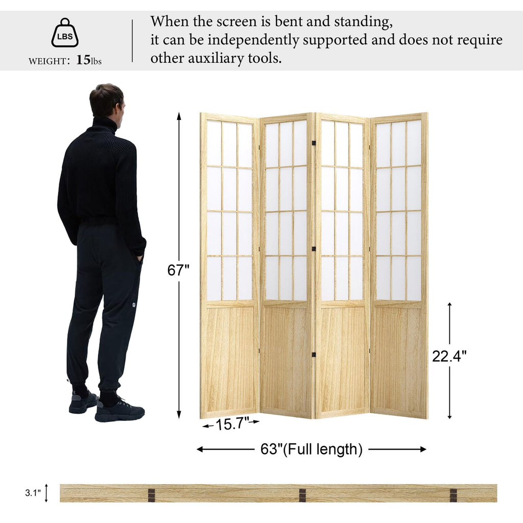 Room Divider, 66.9Inch Tall Japanese Shoji Style Folding Wood Screen with Double Hinges Bedroom Hotel Decoration