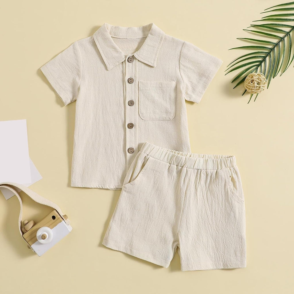Toddler Baby Cotton Linen Shirt Sets Boys Girls Soft Gauze 2 Piece Outfits Short Sleeve Button Down Shirts Pull On
