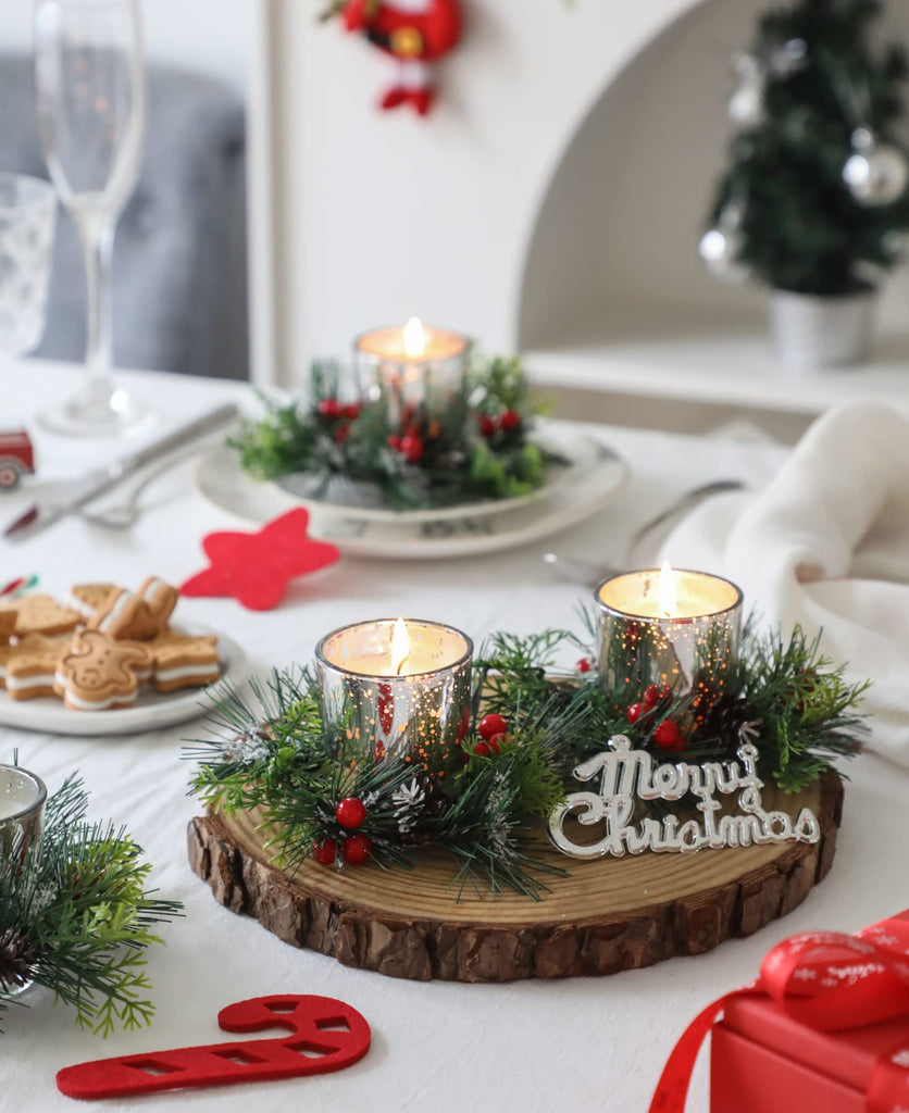 Candle Ring, 4 Pcs Votive Candle with Red Berry Pinecone