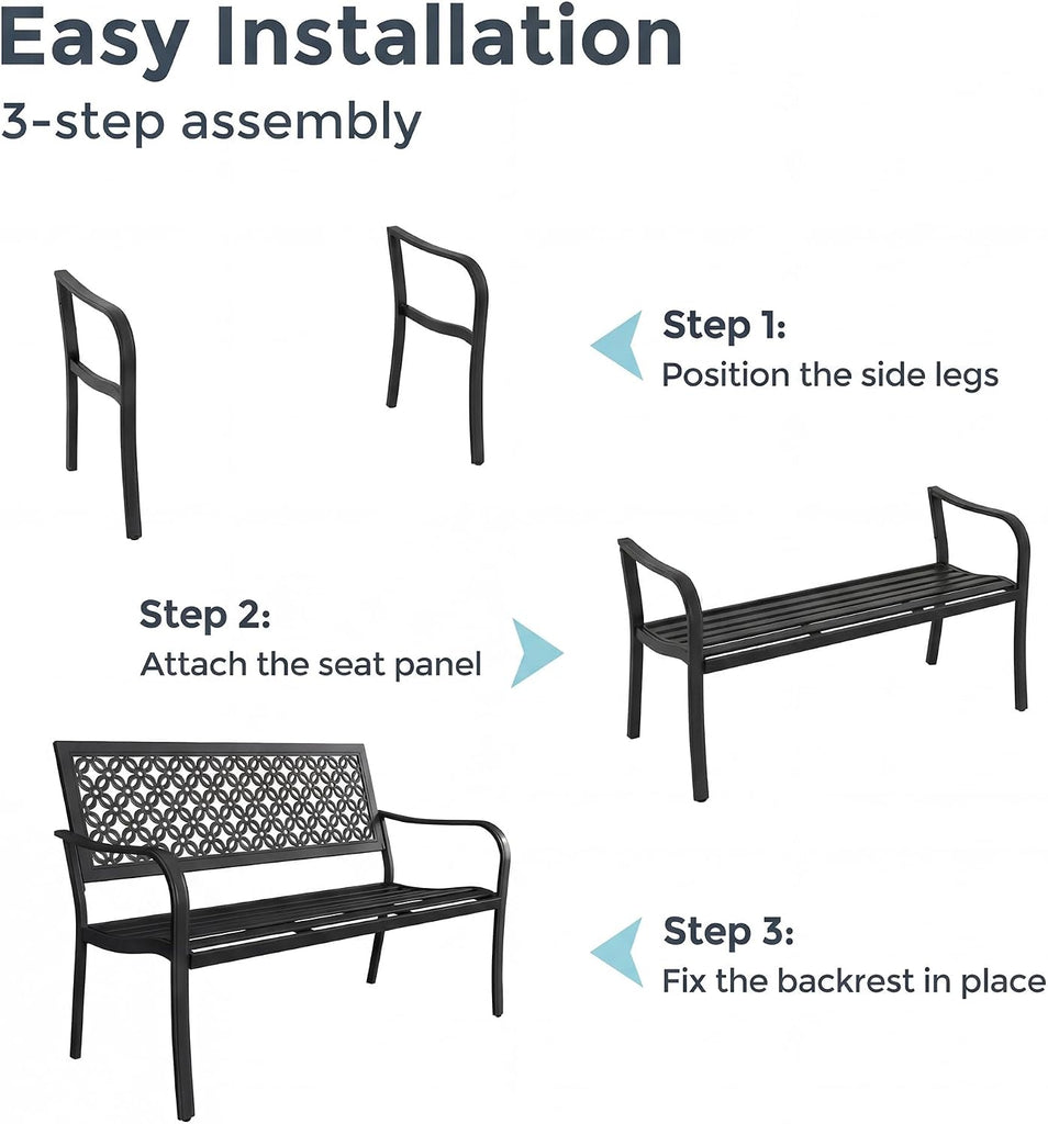 50" Outdoor Bench, Garden Bench with Armrests, Black | Anti-Rust Metal Powder Coated Frame, Patio Bench for Front
