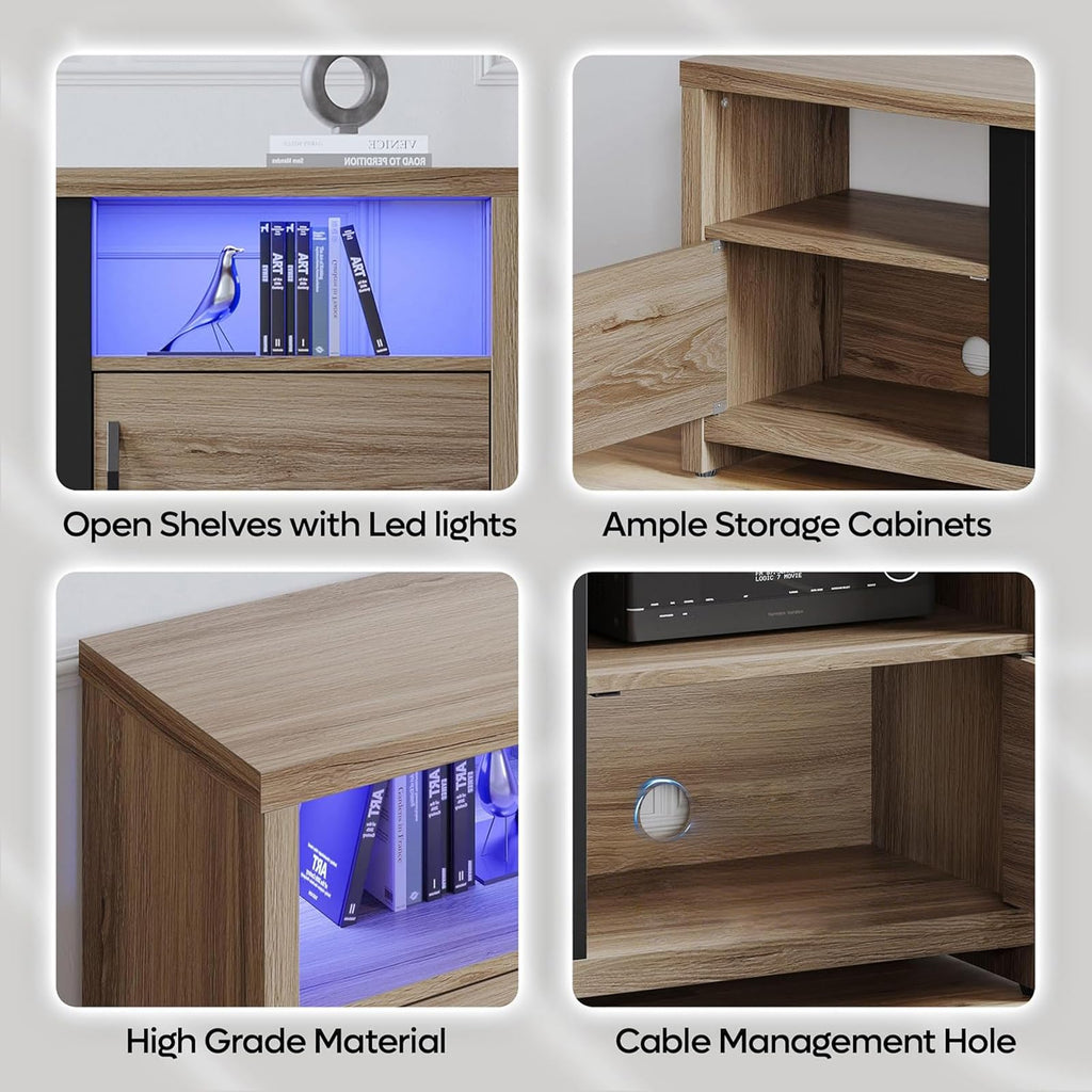 70 Inch for 75" TVs, Modern Entertainment Center with LED Lights, Storage Cabinets and Adjustable Shelves, Pinewood