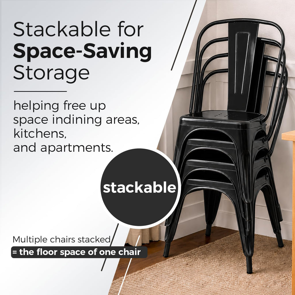 Metal Dining Chairs with Backrest, Stackable, Black, 6 Pack