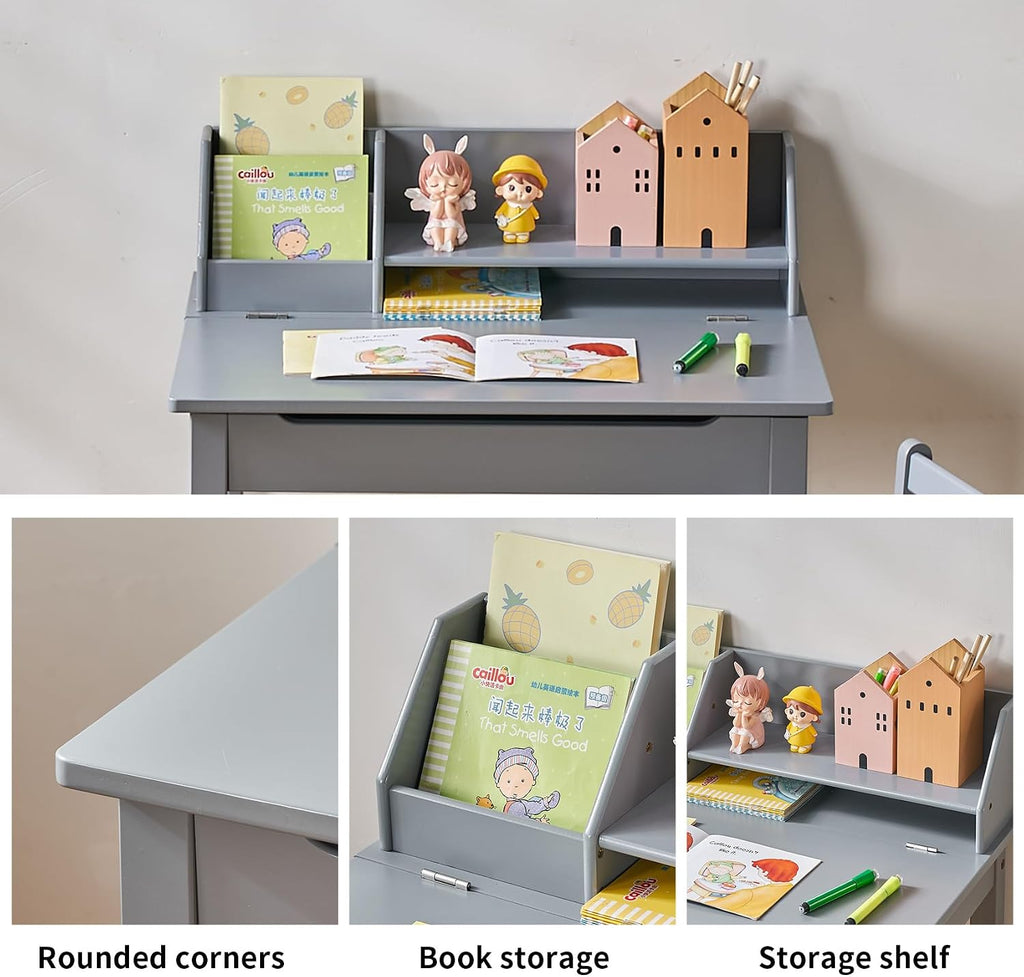 Bamboo Toddler Desk and Chair Set with Lift-Top Storage, Kids Study Table with Hutch and Bookshelf, Writing Reading