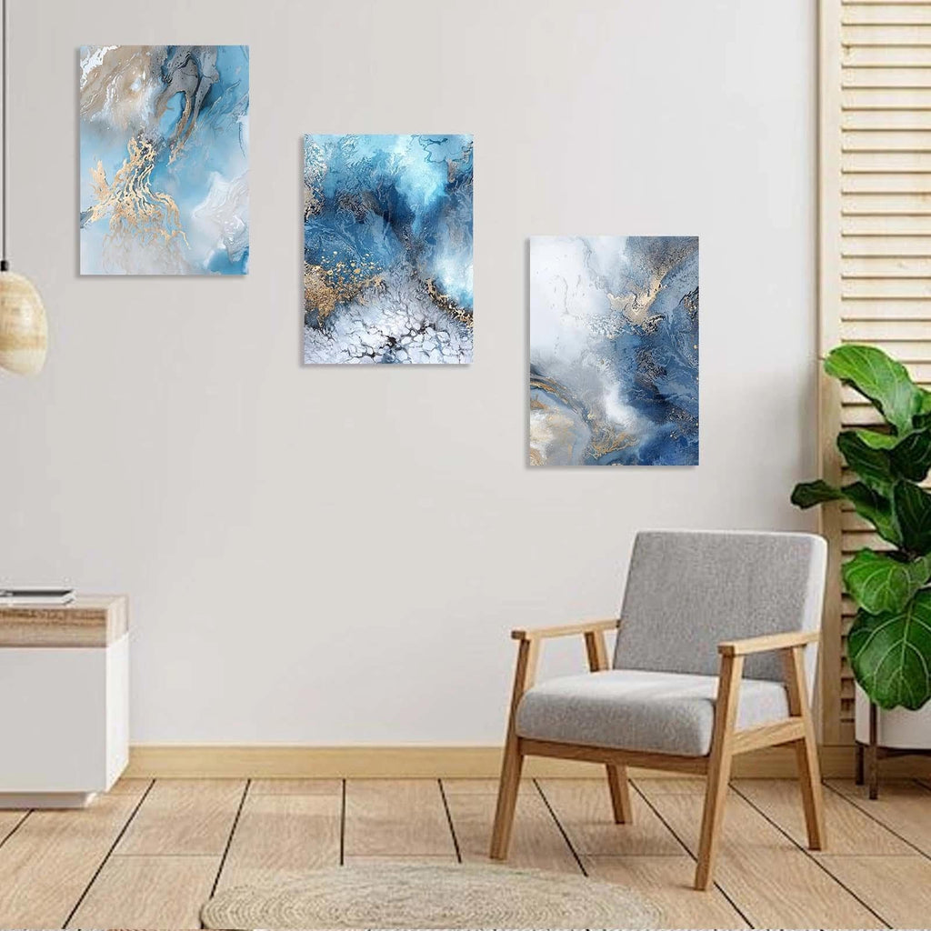 3 Piece Canvas Wall Art, Modern Abstract Blue and Gold Marble Ink Framed Wall Decor Bedroom Office, 12x16 Inch, with