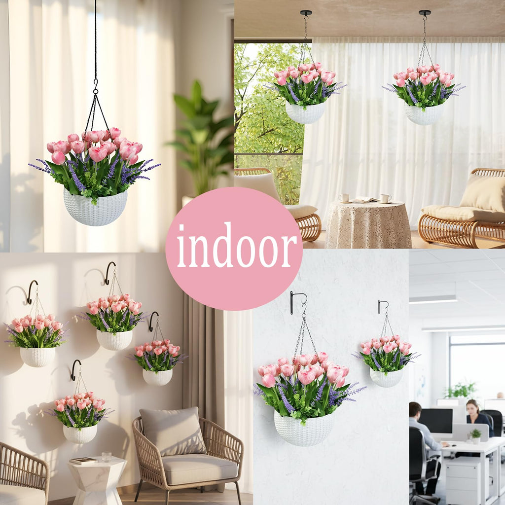 Artificial Flowers Hanging Basket, Pink Tulips