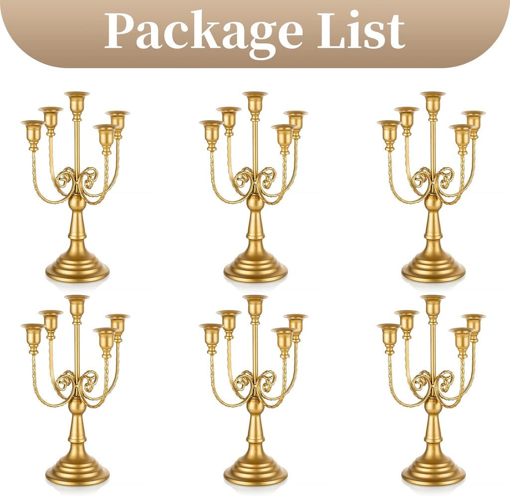 Candelabra Candle Holder Gold Set of 6-5-arm Metal Candlestick Holders for Taper Candles for Centerpieces Table