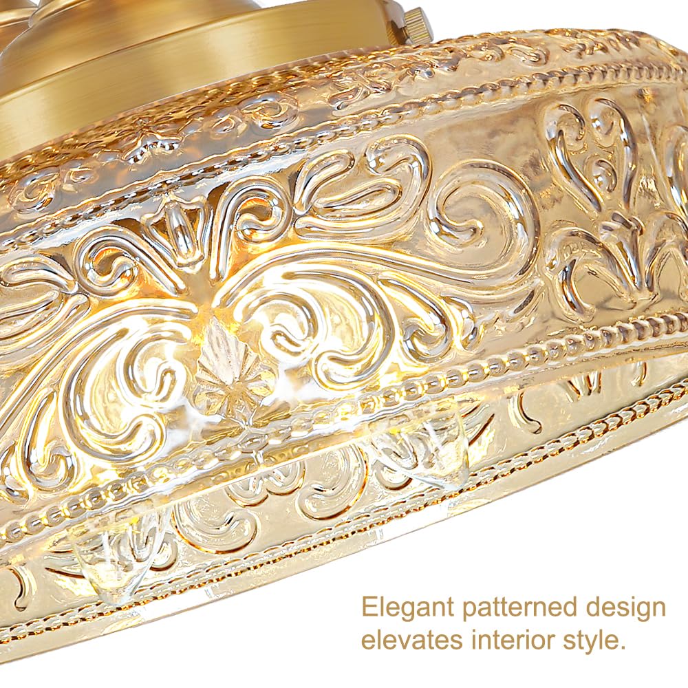 Gold Semi Flush Mount Ceiling Light, 3-Light Close to Ceiling Light with Amber Glass, Vintage Hallway Lights, Brass