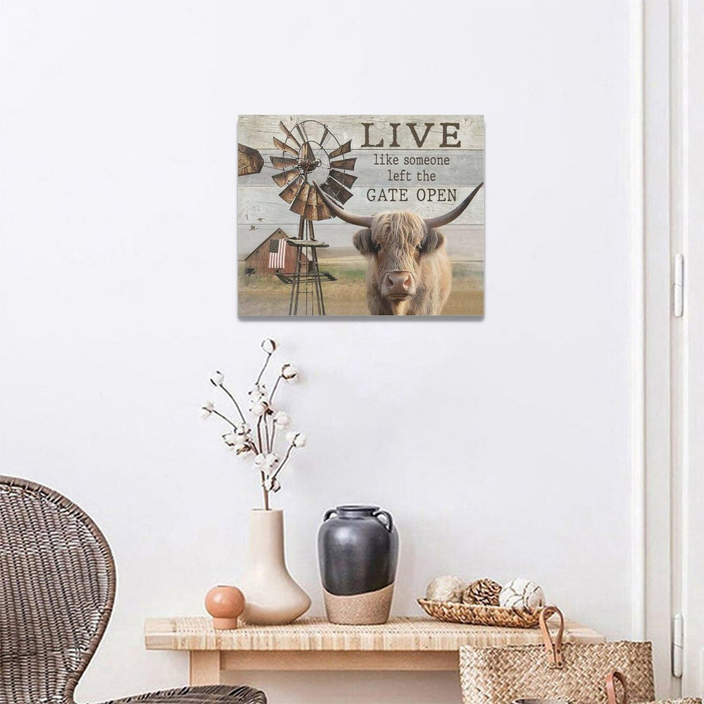 Highland Cow Canvas Prints - Wall Decor Farmhouse Rustic Windmill Painting Modern Artwork Bathroom Living Room 20"x16"