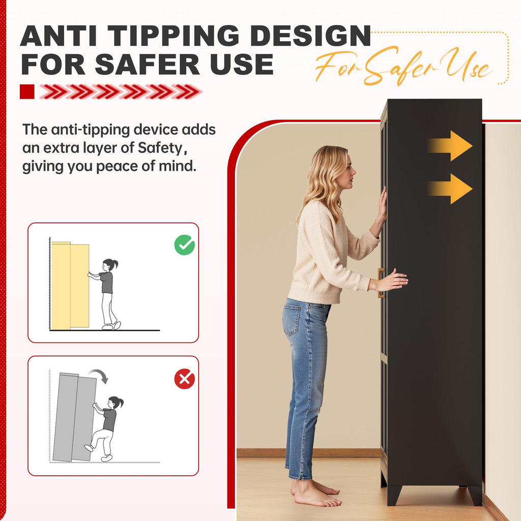 Metal Wardrobe Closet, 72" H Bedroom Armoires with Wooden Handle, Metal Cabinet with Adjustable Shelves and Hanging